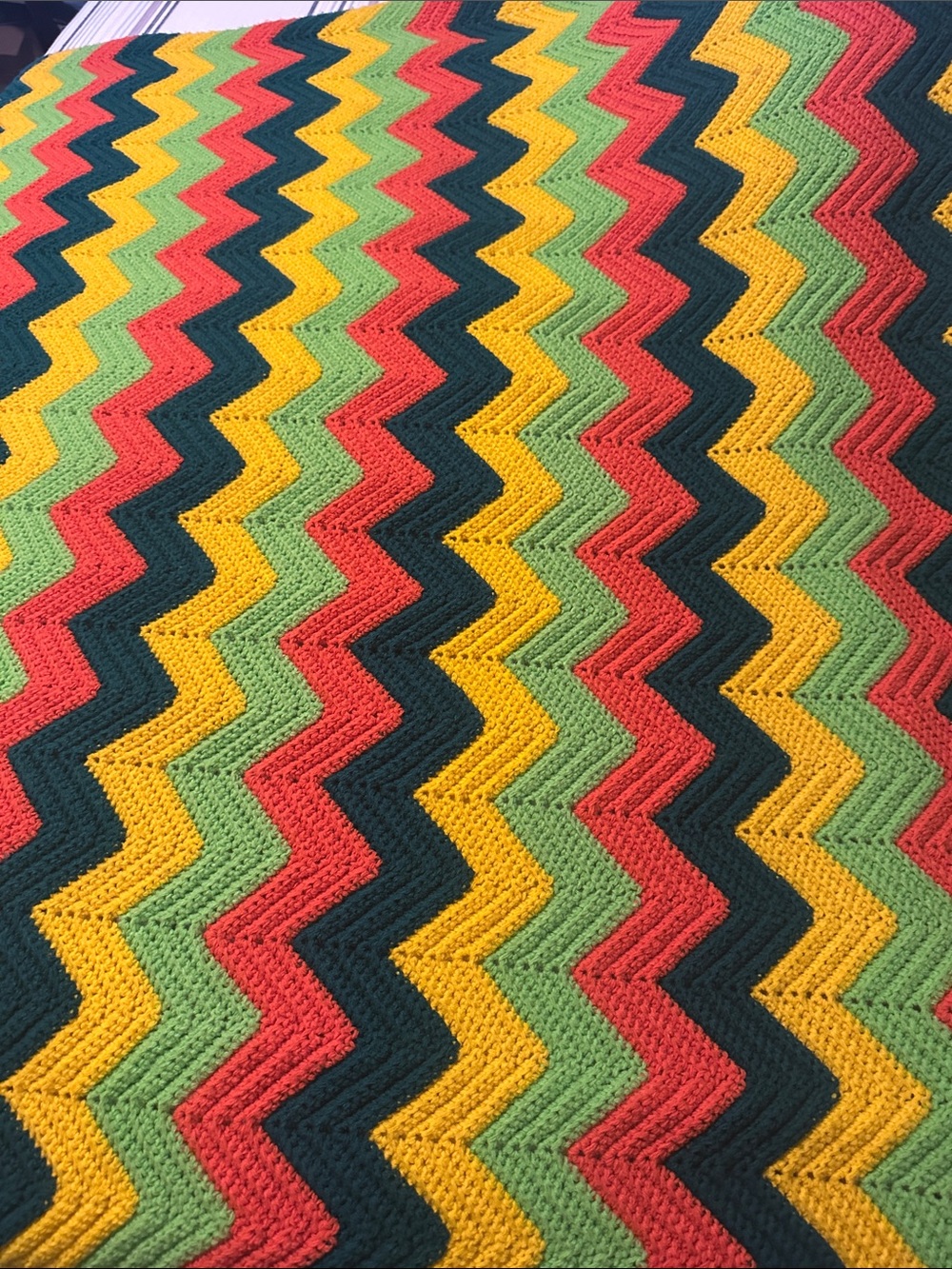 Vintage Handmade Zigzag Crochet Blanket in Red, Yellow, Green, Dark Green